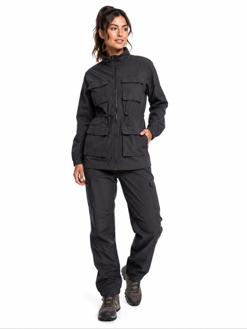 Apana 2-piece Black Lightweight Track Suit Jacket + Pants Hiking Travel, Size M